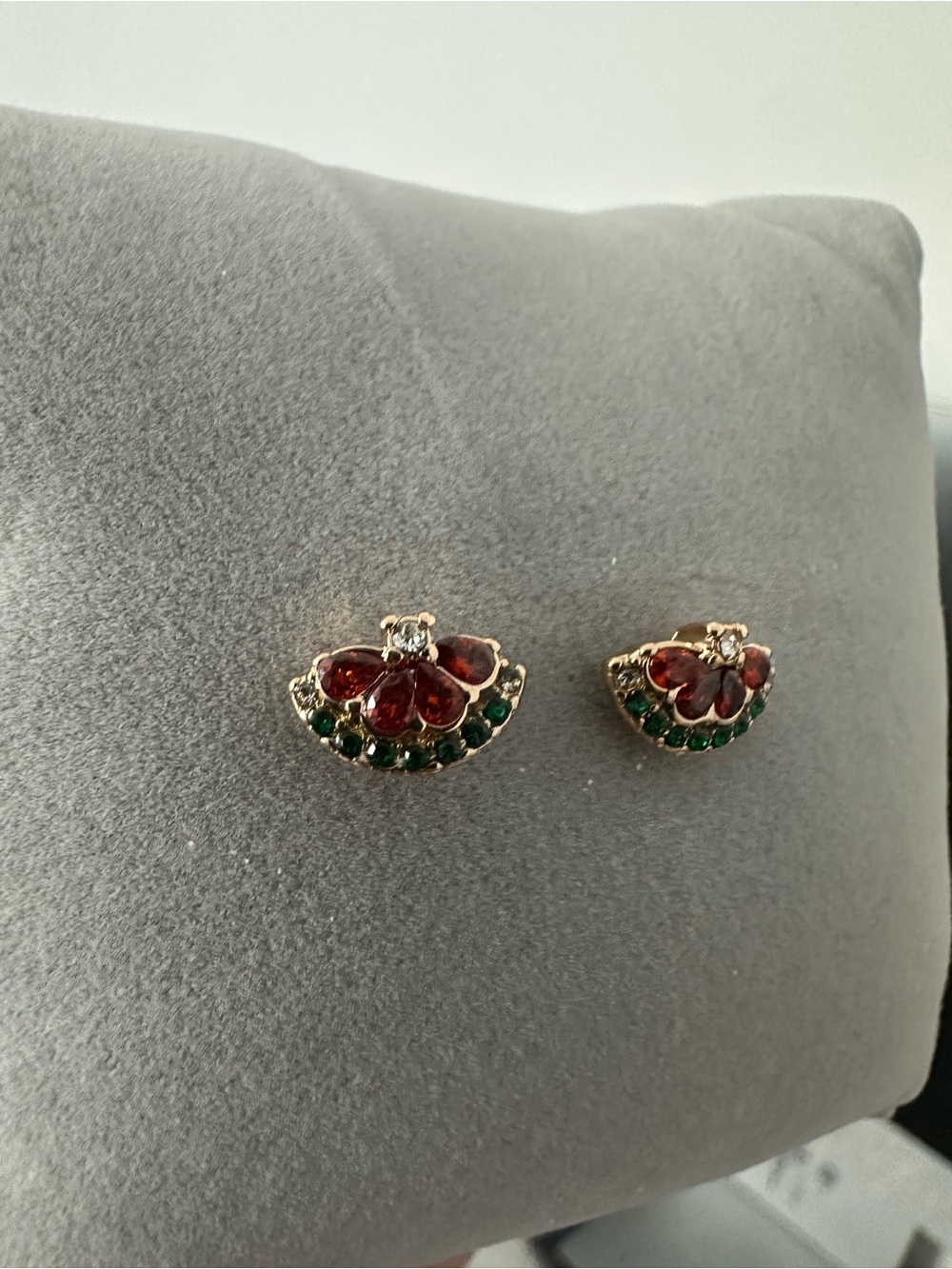Gold-Tone Red Floral and Green Crystal Stud Earrings - Women Jewelry
